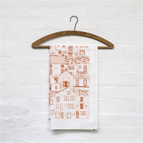 Jessica Hogarth Coastal Cottages Tea Towel In Orange Hand Drawing