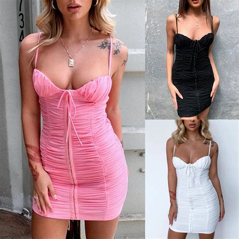 Women Spaghetti Strap Dress Zipper Ladies Sling Mini Dress Solid Color