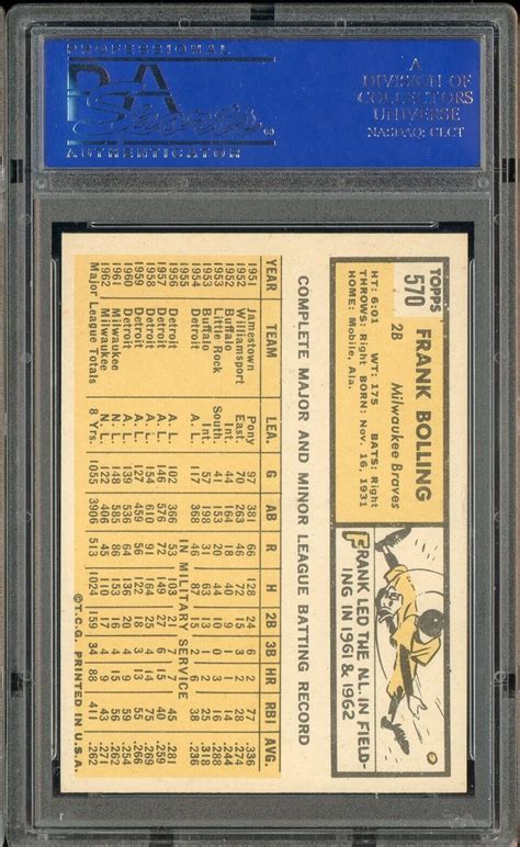 1963 Topps 570 Frank Bolling Milwaukee Braves PSA 8 NM MT EBay