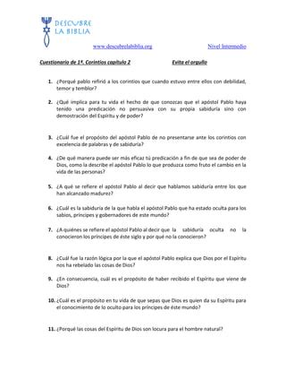 Cuestionario Sin Respuestas De A Corintios Cap Tulo Evita El