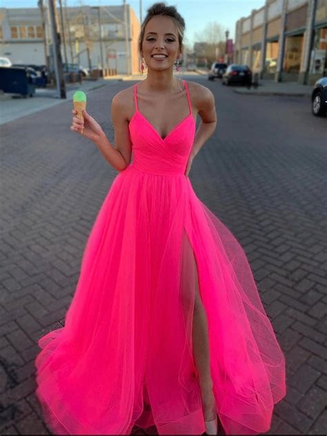 A Line V Neck Hot Pink Tulle Prom Dresses Hot Pink Tulle Formal Eveni