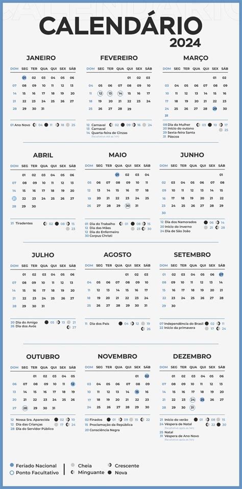 Calendário 2024 Feriados Datas Comemorativas E Fases Da Lua