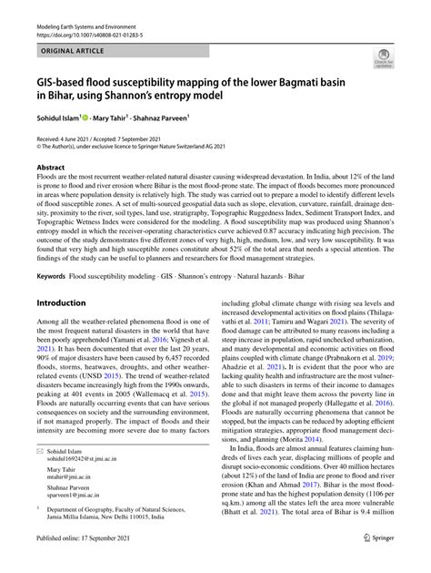 Pdf Gis Based Flood Susceptibility Mapping Of The Lower Bagmati Basin