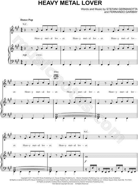 Lady Gaga Heavy Metal Lover Sheet Music In A Major Transposable