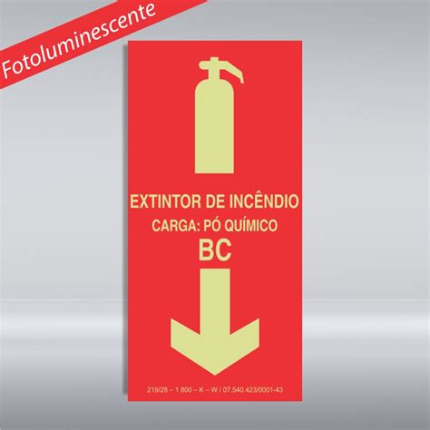 PLACA EXTINTOR DE INCÊNDIO CARGA PÓ QUÍMICO BC PVC FOTOLUMINESCENTE