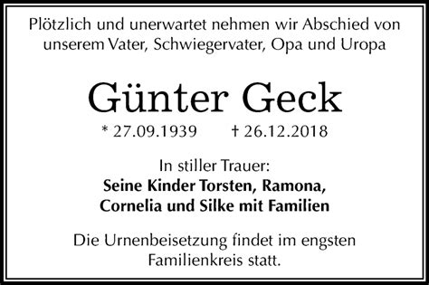 Traueranzeigen Von G Nter Geck Abschied Nehmen De