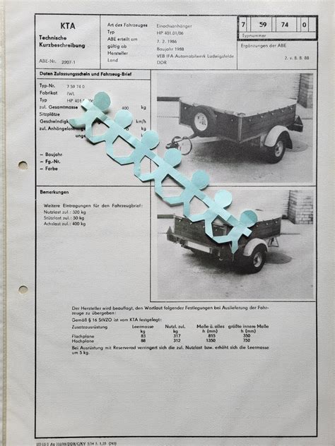 Anhänger Einachsanhänger HP 401 01 Ludwigsfelde DDR KFZ Brief KTA Vorl