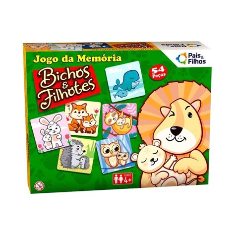 Jogo da Memória Bichos e Filhotes 54 Peças Brinquedo Educativo