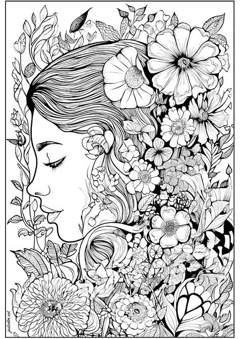 Rostro De Mujer Pensativa Rodeada De Flores Flores Y Vegetación Colorear Para Adultos