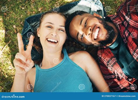 Interracial Couple Park And Portrait Selfie For Lying Relax Or Grass