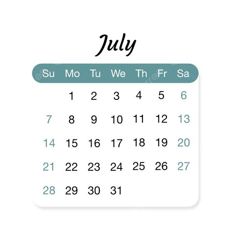 Simple Teal Calendar For July 2024 Vector 2024 Calendar July 2024