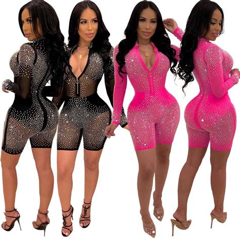 Best Selling Rhinestone Mesh Jumpsuits Sexy Deep V Women Club Jumpsuit