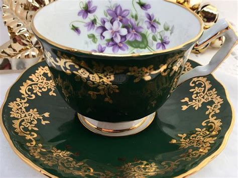 Aynsley Dark Green Teacup And Saucer Gold Filigree Purple Etsy Canada