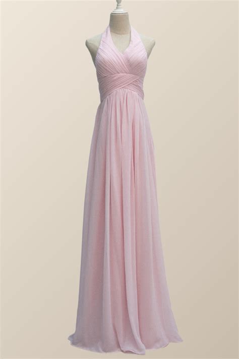 Halter Pink Chiffon A Line Long Bridesmaid Dress Ohmollydress