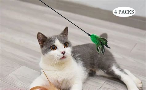 Cat Wand Toys 4 Pcs Interactive Cat Teaser Wand Cat Feather Toys With Loud Bell