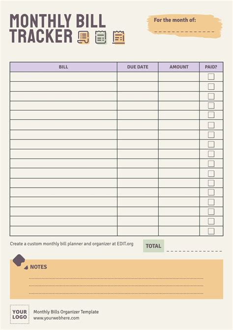 Free Monthly Bill Organizer Template Templates Printable