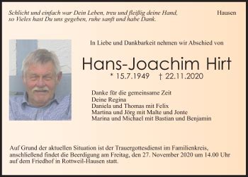 Traueranzeigen Von Hans Joachim Hirt Schwarzw Lder Bote Trauer