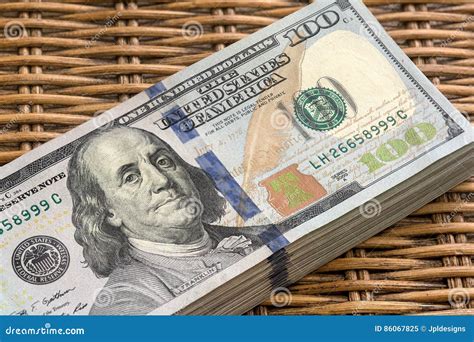 Stack Of Usd 100 Dollars Notes On Wicker Background Stock Image Image