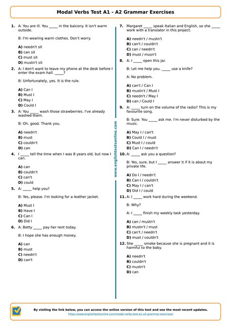 Solution 461 Modal Verbs Test A1 A2 Grammar Exercises