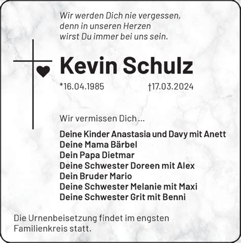 Traueranzeigen Von Kevin Schulz M Rkische Onlinezeitung Trauerportal