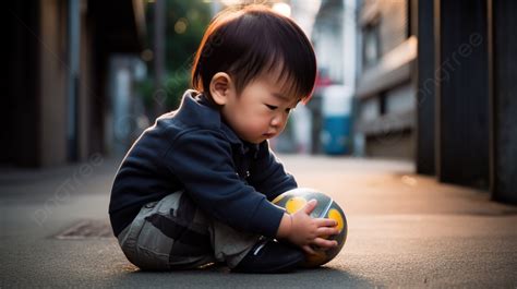 Fundo Menino Brincando Uma Bola Na Calçada Fundo Criança Agachada