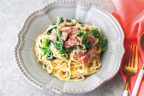 菜の花とベーコンのクリームパスタ｜recipe － 食卓レシピ提案 －｜佐竹食品株式会社