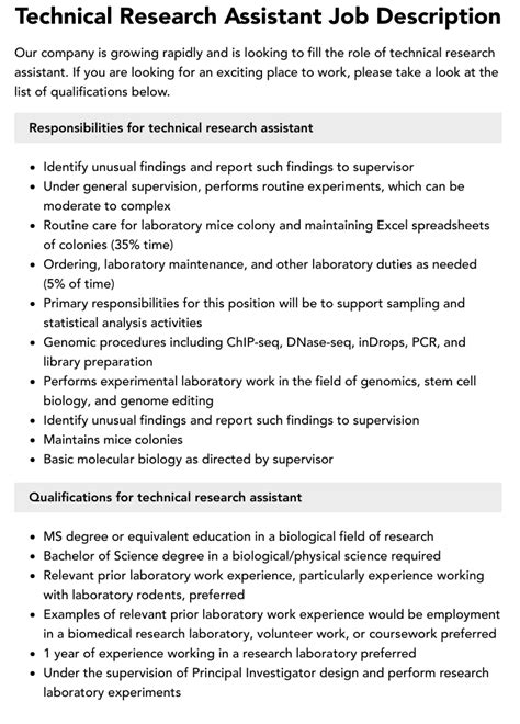 Technical Research Assistant Job Description Velvet Jobs