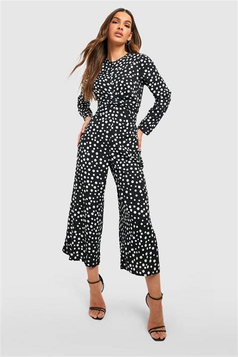 Womens Twist Front Polka Dot Jumpsuit Boohoo Uk