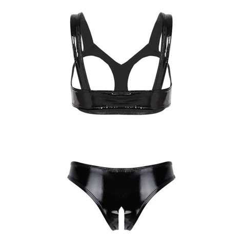 YIZYIF Lingerie Sexy Femme Ouverte Entrejambe String Cuir Soutien Gorge Sein Nu S XXL Noir Noir