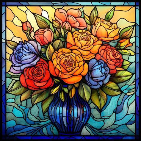 Premium AI Image Painting Of A Vase Of Roses In A Stained Glass