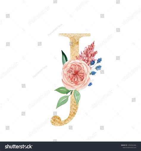 Spring Alphabet Flowers Watercolor Drawing Stock Illustration