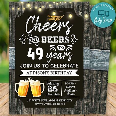 Printable 49th Cheers and Beers Birthday Party Invitation DIY | Bobotemp