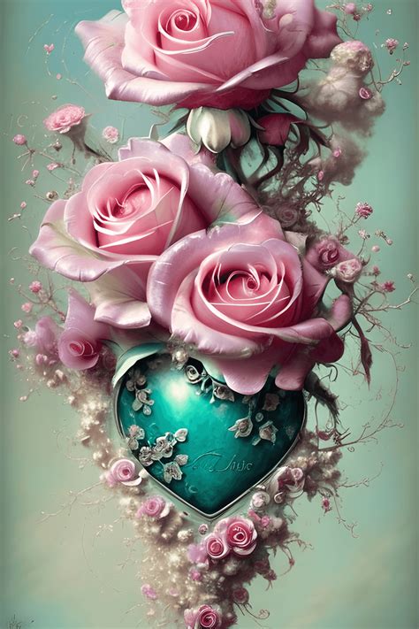 Beautiful Shabby Chic Pink Roses And Teal Flowers And Leaves Filigree