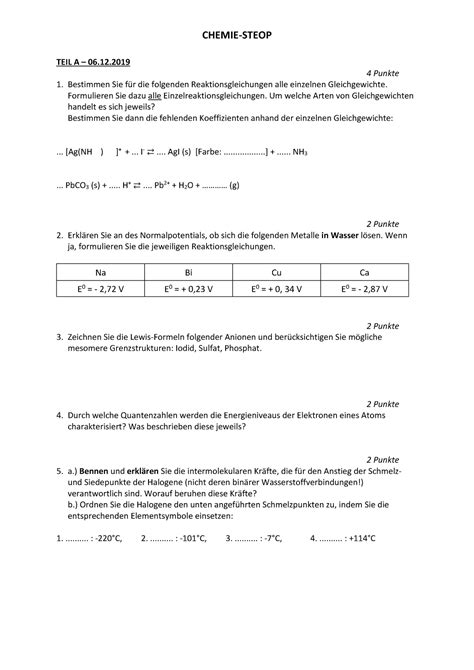 Chemie Steop Bungsaufgaben Teil A Punkte Bestimmen Sie F R