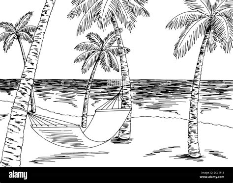 Hammock Sea Coast Graphic Black White Landscape Sketch Illustration