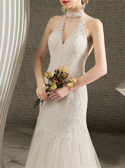 Halter Neckline Backless Trumpet Wedding Dress Comelyme