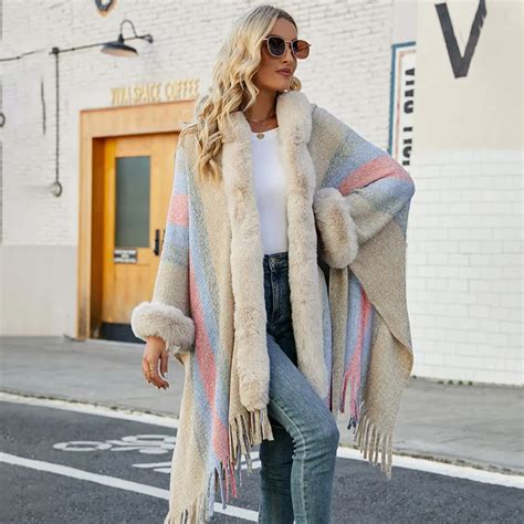 Autumn Women S Capes Ponchos Striped Color Fur Collar Hooded Tassel