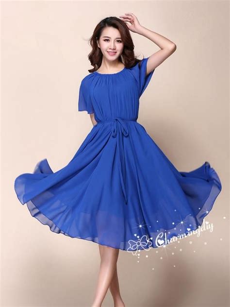 110 Colors Chiffon Blue Short Sleeve Knee Skirt Party Evening Etsy Knee Length Cocktail