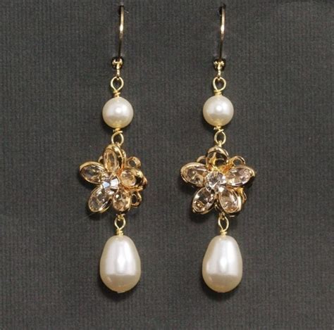 Pearl Drop Bridal Earrings Long Gold Wedding Earrings Etsy