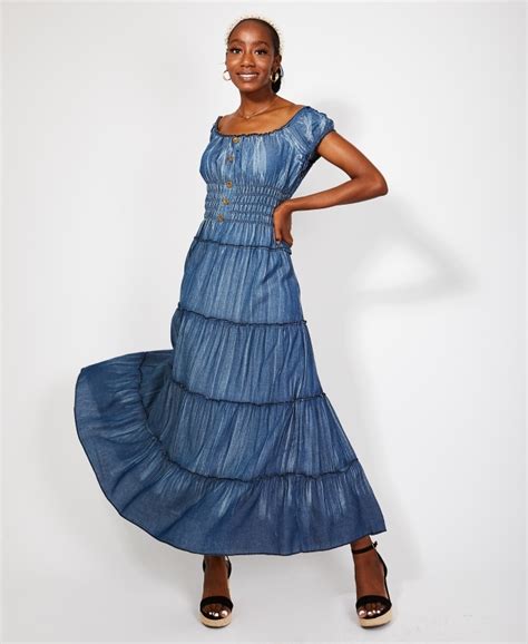 Dresses Shirred Waist Tiered Denim Maxi Dress KRISP