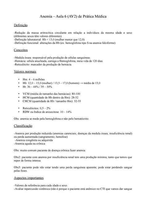 Anemia Resumo Anatomia Patológica II Anemia Aula 6 AV2 de