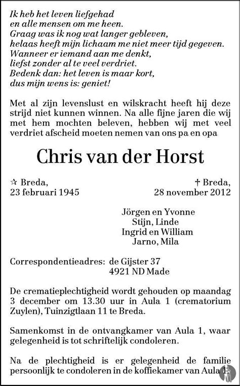 Chris Van Der Horst 28 11 2012 Overlijdensbericht En Condoleances