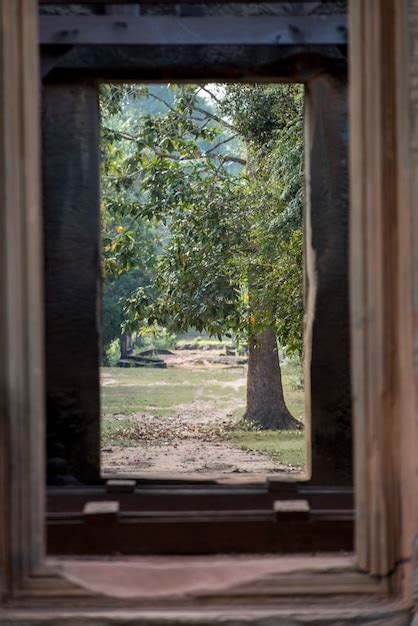 Rboles Vistos Desde La Ventana Del Templo Hind En El Estilo De Angkor