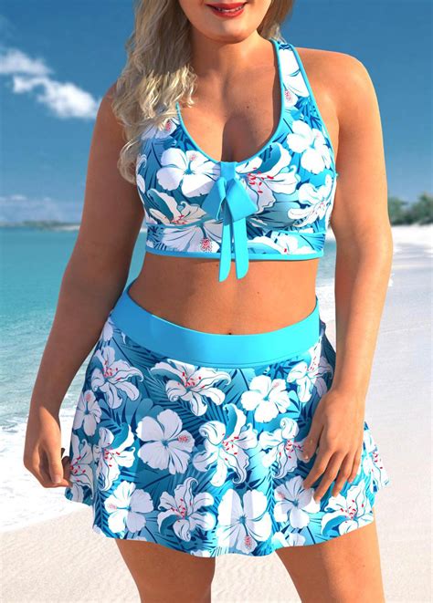 Cyan Plus Size Floral Print High Waisted Bikini Set Rosewe Usd