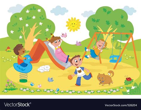 Playground - cartoon illustration of kids playing together at the park ...