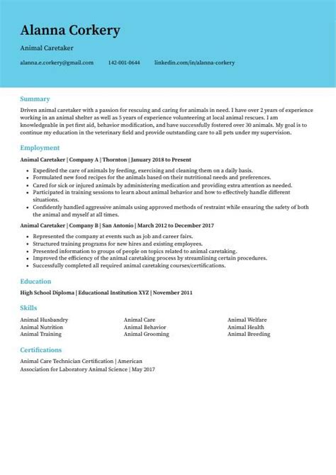 Animal Caretaker Resume Cv Example And Writing Guide