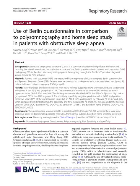 Pdf Use Of Berlin Questionnaire In Comparison To Polysomnography And