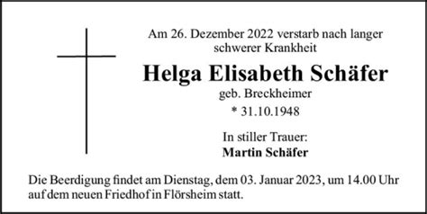 Traueranzeigen von Helga Elisabeth Schäfer vrm trauer de