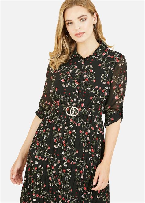 Mela Black Ditsy Floral Pleated Midi Dress Matalan