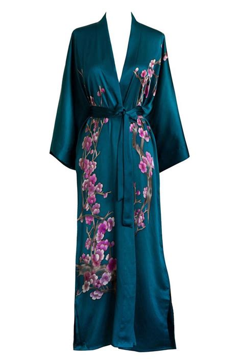 Silk Handpainted Cherry Blossom Long Kimono Robe Long Kimono Robe